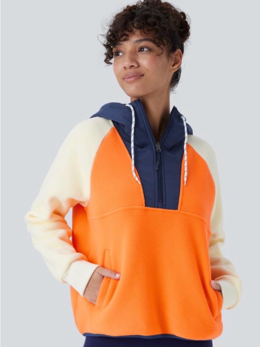 HALARA Orange, Cream & Navy Colorblock Fleece Pullover Hoodie